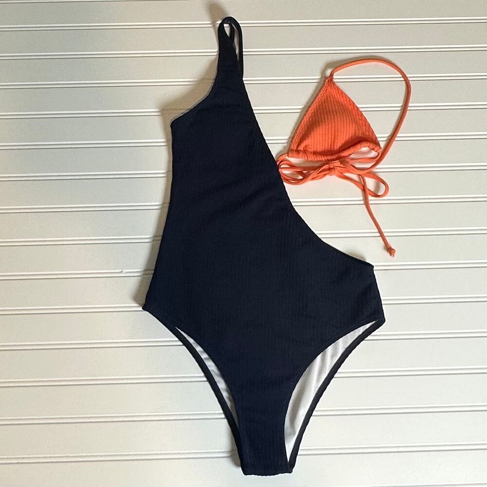 Women Navy One Shoulder Ribbed One Piece Swimsuit Tie Back High Cut Size S